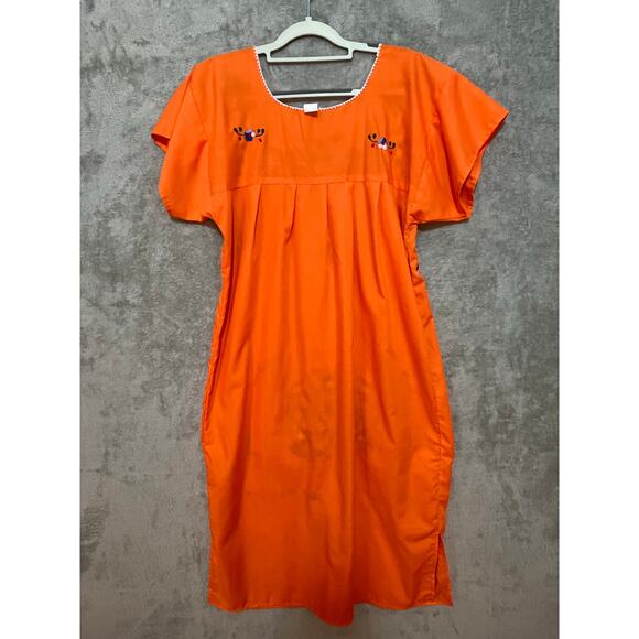 Zapoteco Mexican Dress Size Medium Orange Floral Feather Embroidered - Picture 5 of 7